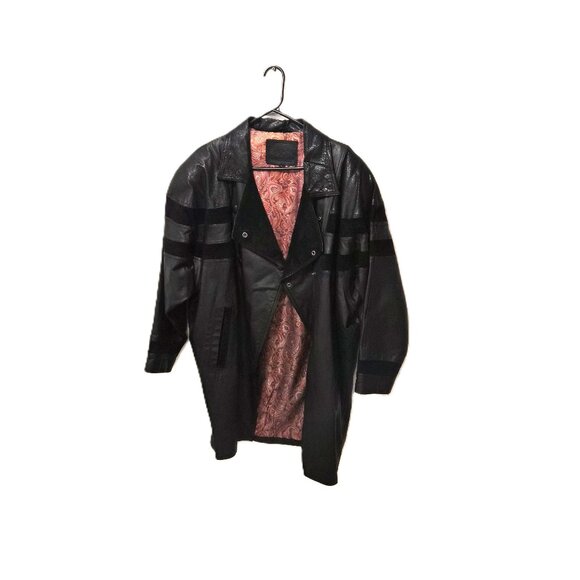 VTG 80s Black Leather Suede Balloon Coat Batwing Sleeves Paisley Lining L Power - Picture 3 of 11